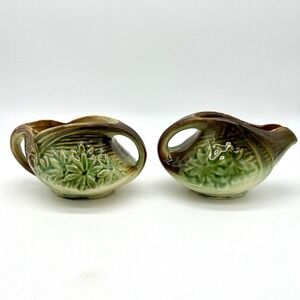 Vintage McCoy Ceramic Creamer and Sugar Set Green Brown Floral‎ Design Unique